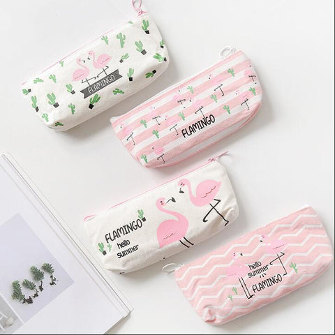 Fresh Pink Flamingo Canvas Pencil Case Storage Organizer Pen Bags Pouch Pencil Bag School Supply Stationery