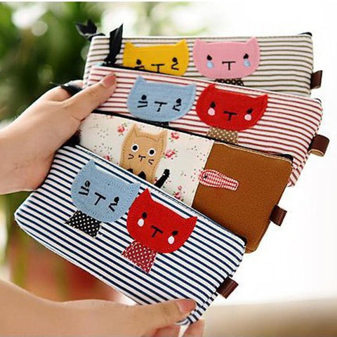 Cute Girl Kitten Stripe Pen Bag cat Pencil case Stationary Bag