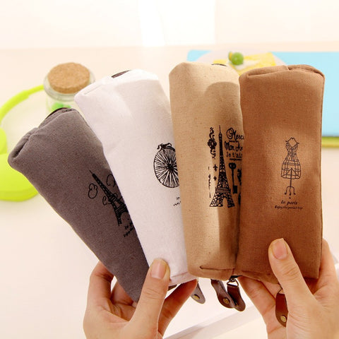 Student Child Canvas Pen Bag Pencil Case Pairs Eiffel Tower Style Stationery Bags